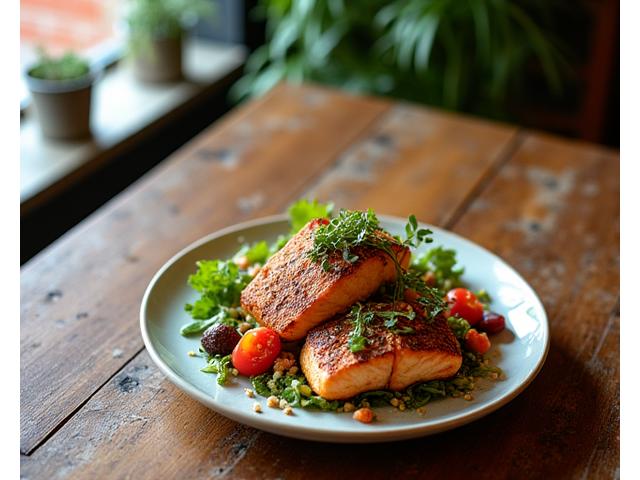 Beautifully plated, vibrant farm-to-table meal on a rustic wooden table in a sunlit Austin restaurant, showcasing fresh, healthy ingredients.