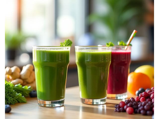 Two vibrant, freshly made green juices and a colorful smoothie on a clean counter in a bustling, modern Austin juice bar, with natural light.