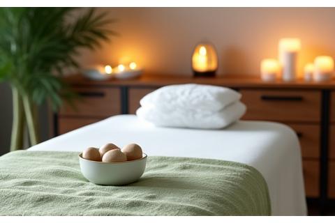 A serene, well-lit massage therapy room with a massage table, essential oils, and soft towels, evoking relaxation in an Austin wellness center.