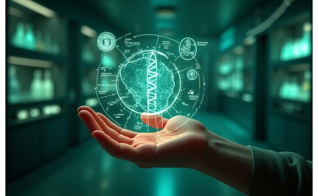 Futuristic holographic display showing complex health data overlays above a person's hand, representing advanced biomonitoring.