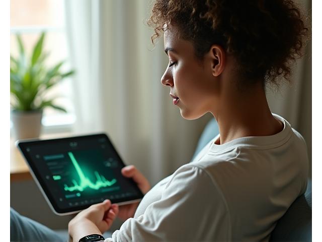 Person looking at health data on a smartwatch and tablet, surrounded by subtle glowing data streams.