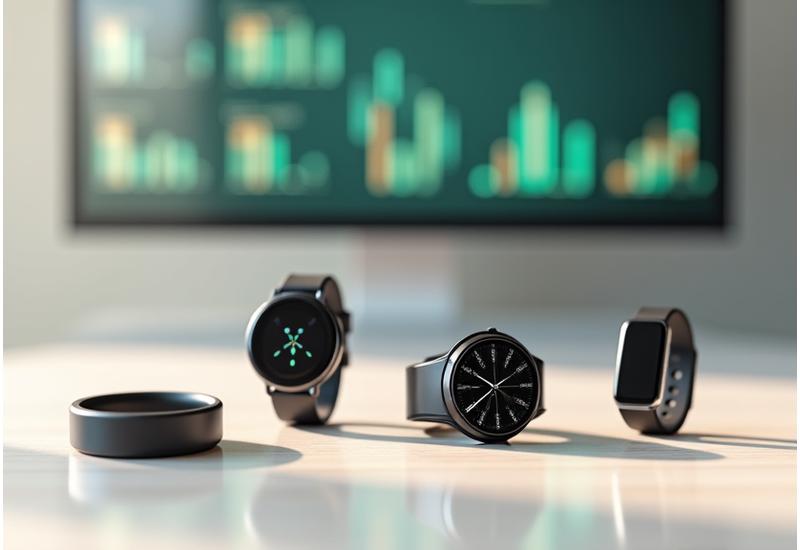 Various wearable health devices (smartwatch, fitness tracker, smart ring) neatly arranged on a modern desk, with charts and data overlays.