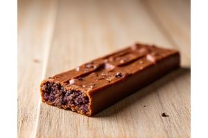 Single healthy protein bar on a wooden surface.
