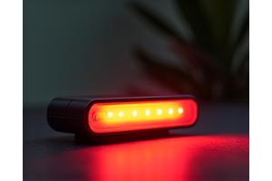 Compact red light therapy device casting a warm glow.
