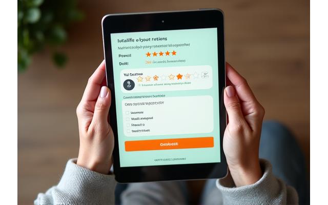 Person using a tablet to submit an online product review, featuring star ratings and comment fields