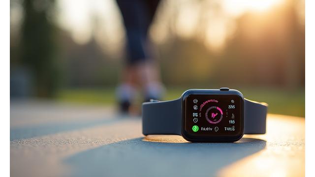 Close-up of a smartwatch displaying health metrics, with a blurred active background, representing biomonitoring