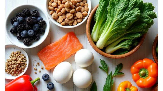 Overhead view of a colorful salad bowl and whole grains, symbolizing functional nutrition