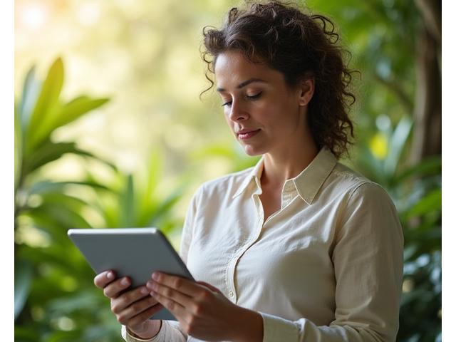 Illustration of a person reading a tablet amidst calm, natural elements, representing daily insights