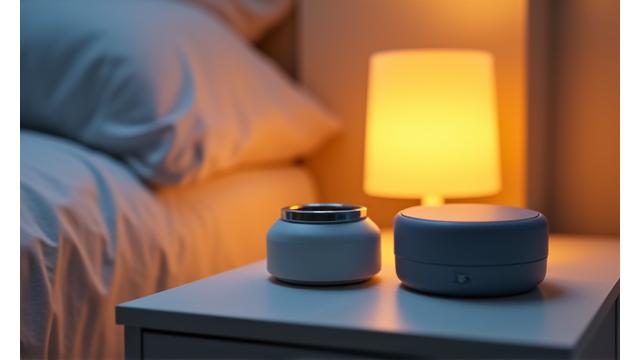 Sophisticated sleep tracking device on a bedside table with a dimmed lamp