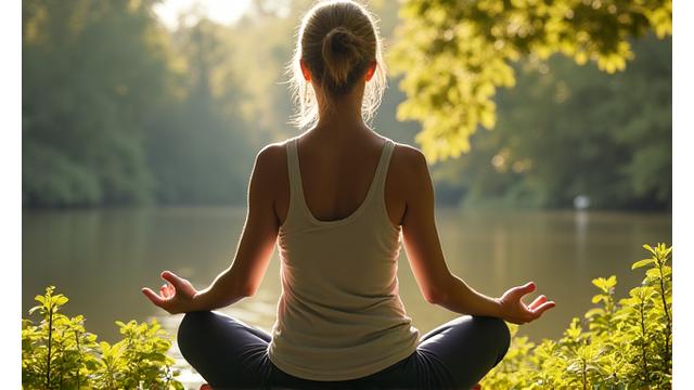 Person engaged in gentle yoga or stretching outdoors, symbolizing stress reduction and mindfulness