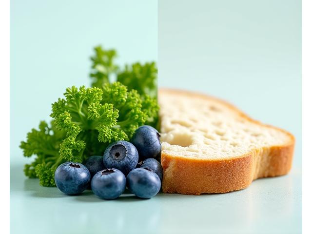 Close-up comparison of a functional food like a vibrant organic kale leaf next to a processed snack bar, highlighting the contrast in naturalness and nutritional density.