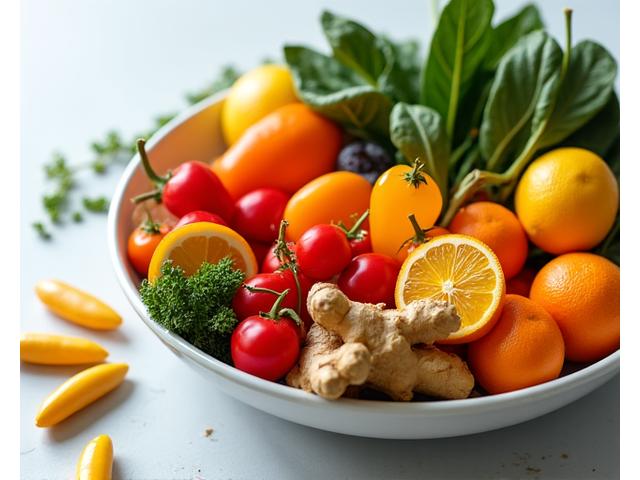 A vibrant bowl of colorful fruits and vegetables known for immune support, such as oranges, bell peppers, spinach, ginger, and turmeric, artfully arranged to convey freshness and vitality.