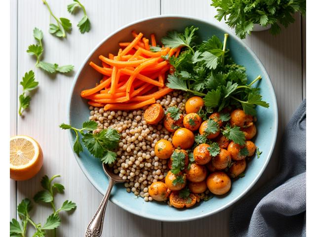 An inviting, overhead shot of a beautifully plated, healthy and vibrant functional meal, such as a Buddha bowl or a colorful stir-fry, with fresh ingredients visible. The setting is clean and modern kitchen, conveying ease and deliciousness.
