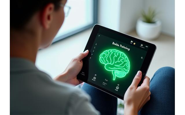 A person in their late 30s engaged in a digital brain training exercise on a tablet, with blurred background elements suggesting focus and mental activity, representing cognitive health.