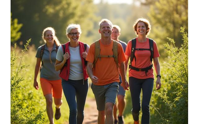 Vibrant, active adults over 35 hiking a sunny trail, smiling and energetic, symbolizing healthy aging and vitality.