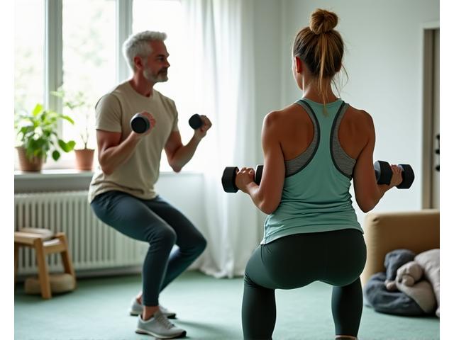 A man and woman in their late 30s or early 40s performing modified dumbbell rows and bodyweight squats in a bright home gym, demonstrating age-appropriate strength training.