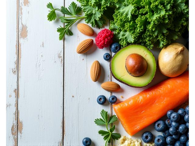 A vibrant assortment of colorful, fresh whole foods like leafy greens, berries, nuts, and lean protein on a rustic wooden table, artfully arranged to suggest wholesome, balanced nutrition.