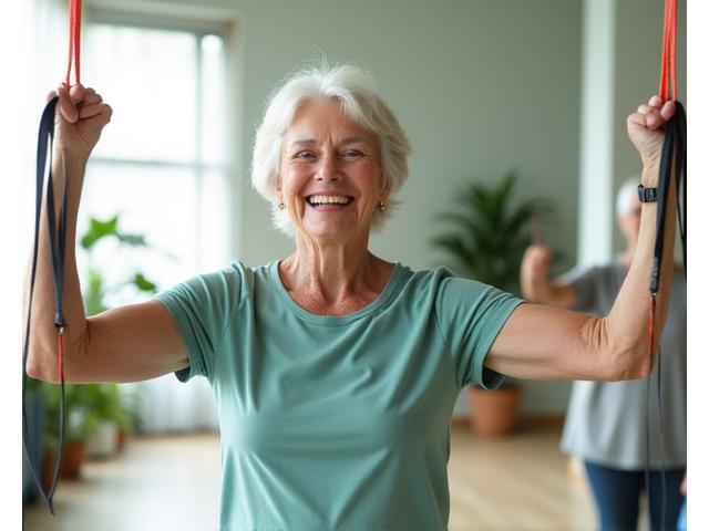 An active older adult engaging in gentle strength training with resistance bands, smiling, in a bright, modern studio, emphasizing vitality and graceful aging.