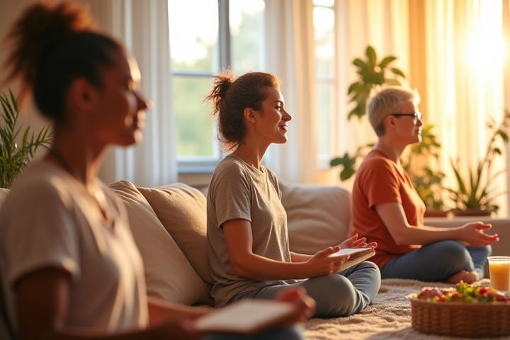 Diverse adults aged 35-55 engaging in realistic, joyful wellness activities like light yoga, an evening stroll, preparing a healthy meal, and meditating in a bright, modern home setting, reflecting balance and vitality.