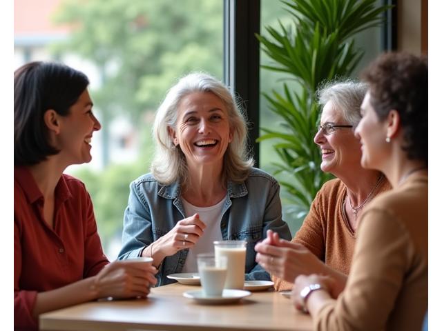 A group of diverse women in their 40s-50s laughing and chatting naturally in a well-lit, cozy cafe or outdoor setting, portraying connection and vitality in midlife.
