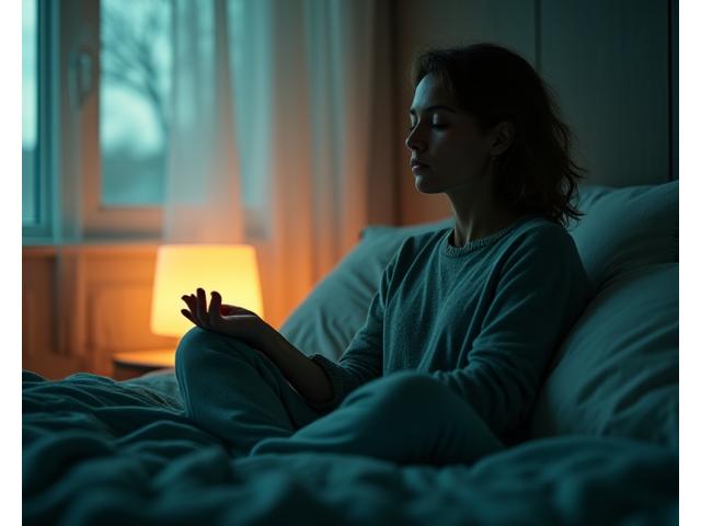A serene person in a peaceful bedroom setting, perhaps meditating quietly or practicing deep breathing, with soft, diffused lighting and comforting textures, evoking calm and rest.