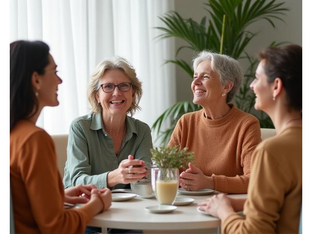 Group of diverse women smiling and connecting in a supportive circle.