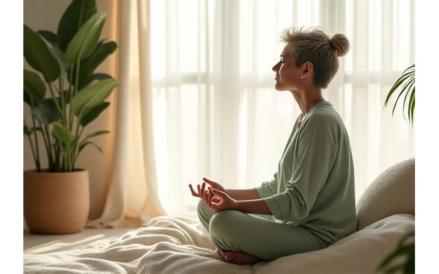 Woman meditating in a serene setting, symbolizing emotional balance.