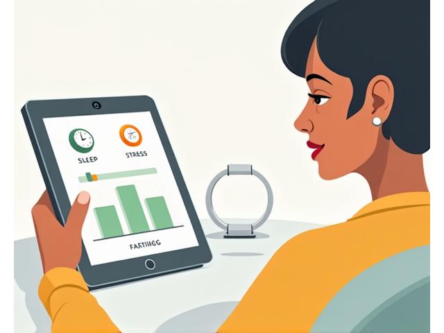 Illustration of a person interacting with a data dashboard showing sleep patterns and stress levels on a tablet, with connected wearable devices.