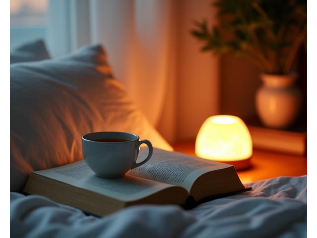 A neatly organized bedside table at dusk, featuring a book, a warm cup of herbal tea, and subtle soft lighting, evoking a calm and inviting pre-sleep environment.