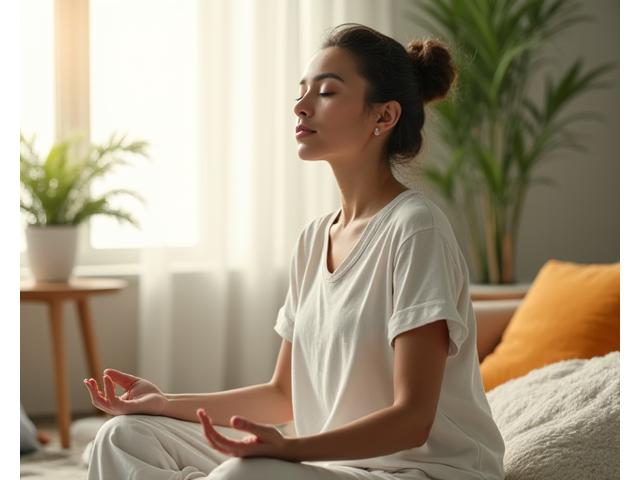 Person meditating calmly in a serene, light-filled room, symbolizing stress relief and mindful living.