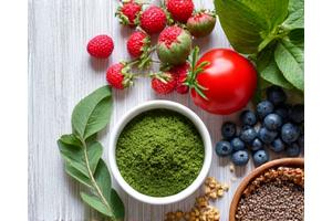 Assortment of vibrant functional foods including spirulina, adaptogenic mushrooms, and chia seeds.