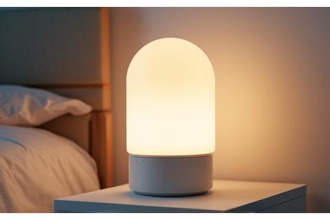 A modern light therapy lamp emitting a gentle glow on a desk.