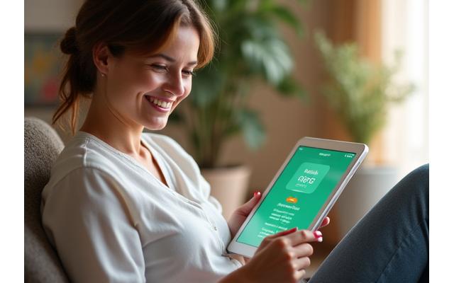 Woman interactong with a health product quiz on a tablet, smiling.
