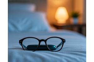 Blue light blocking glasses and a smart sleep tracking device on a bedside table.