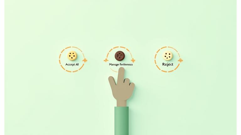 Illustration of a person interacting with a user interface showing cookie preferences, with lines connecting to various data points, symbolizing control over digital privacy.