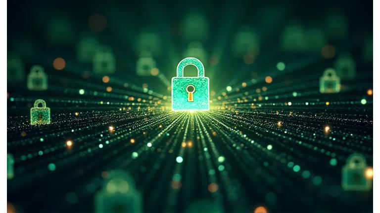 Abstract depiction of digital security with a padlock icon inside a circuit board pattern, glowing with green light, symbolizing data encryption and protection.